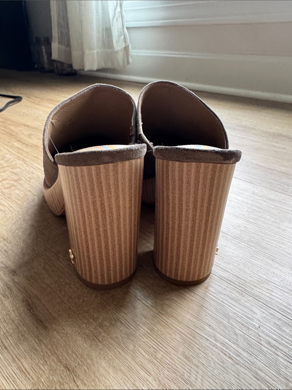 Sam Edelman Taupe Suede Platform Mules with Wood-Look Heel - Picture 6 of 8